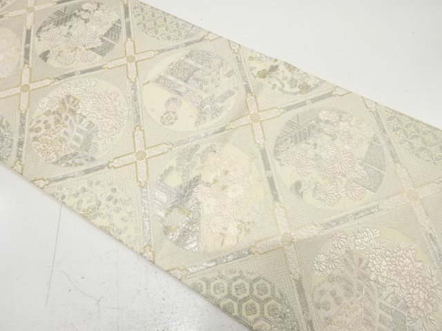 格天井に草花・屋敷風景模様織り出し　袋帯